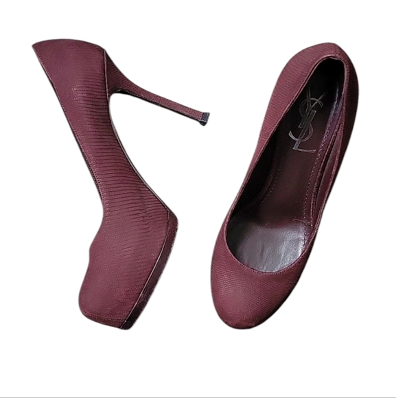 Yves Saint Laurent Tribtoo Burgundy Snakeskin Texture Heel YSL Authenticated 6.5 - Picture 1 of 17